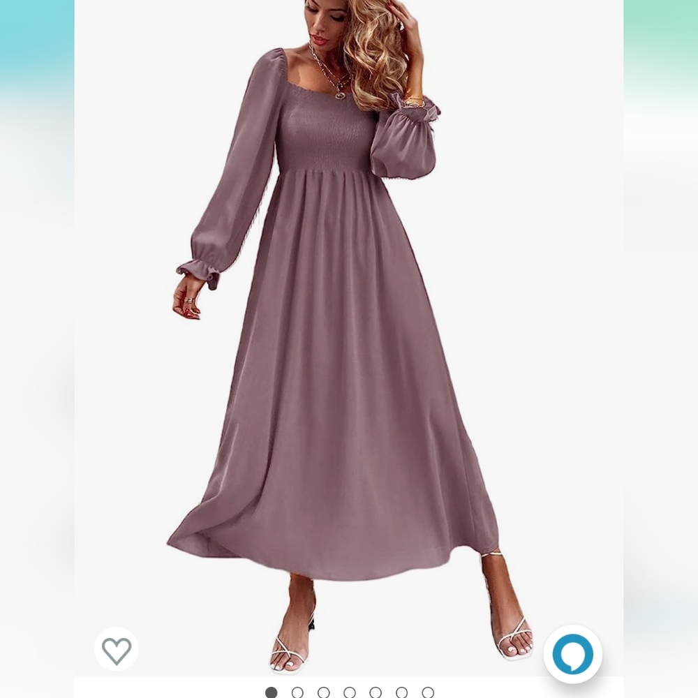 Boho Square Neck Smocked Long Puff Sleeve A Line Midi Dress